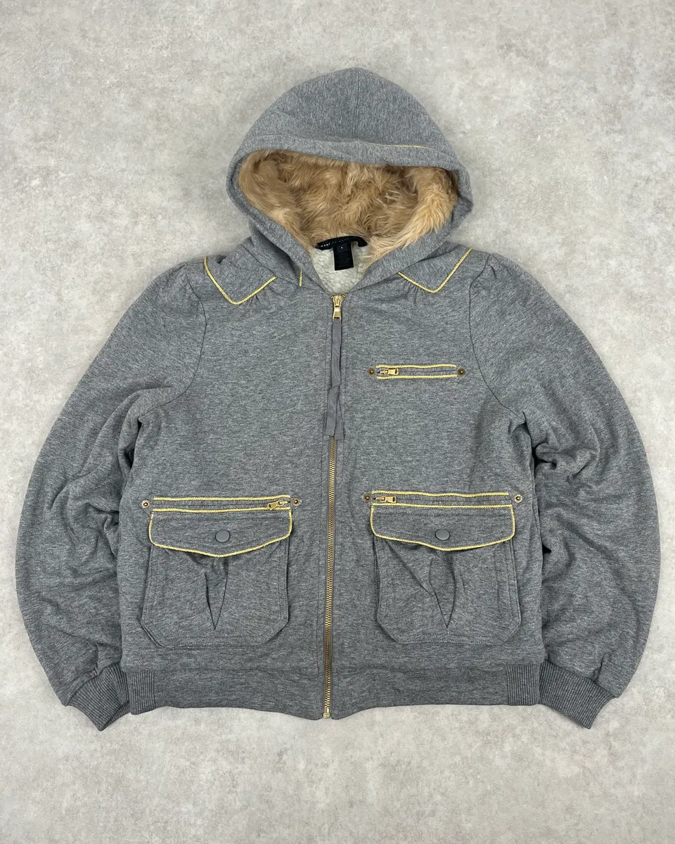 Marc Jacobs Grey Fur Hooded Cargo Zip Up Sweater