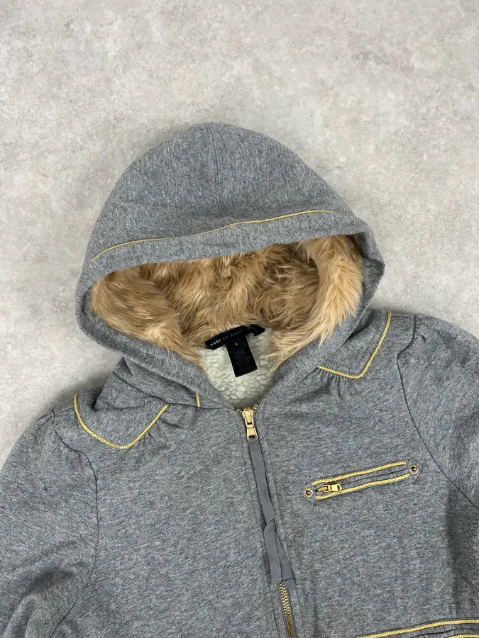 Marc Jacobs Grey Fur Hooded Cargo Zip Up Sweater - Image 4