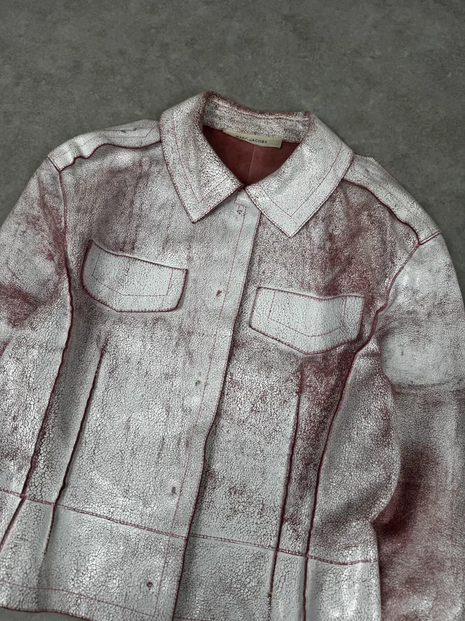 Marc Jacobs White & Pink Crackled Leather Light Jacket - Image 5