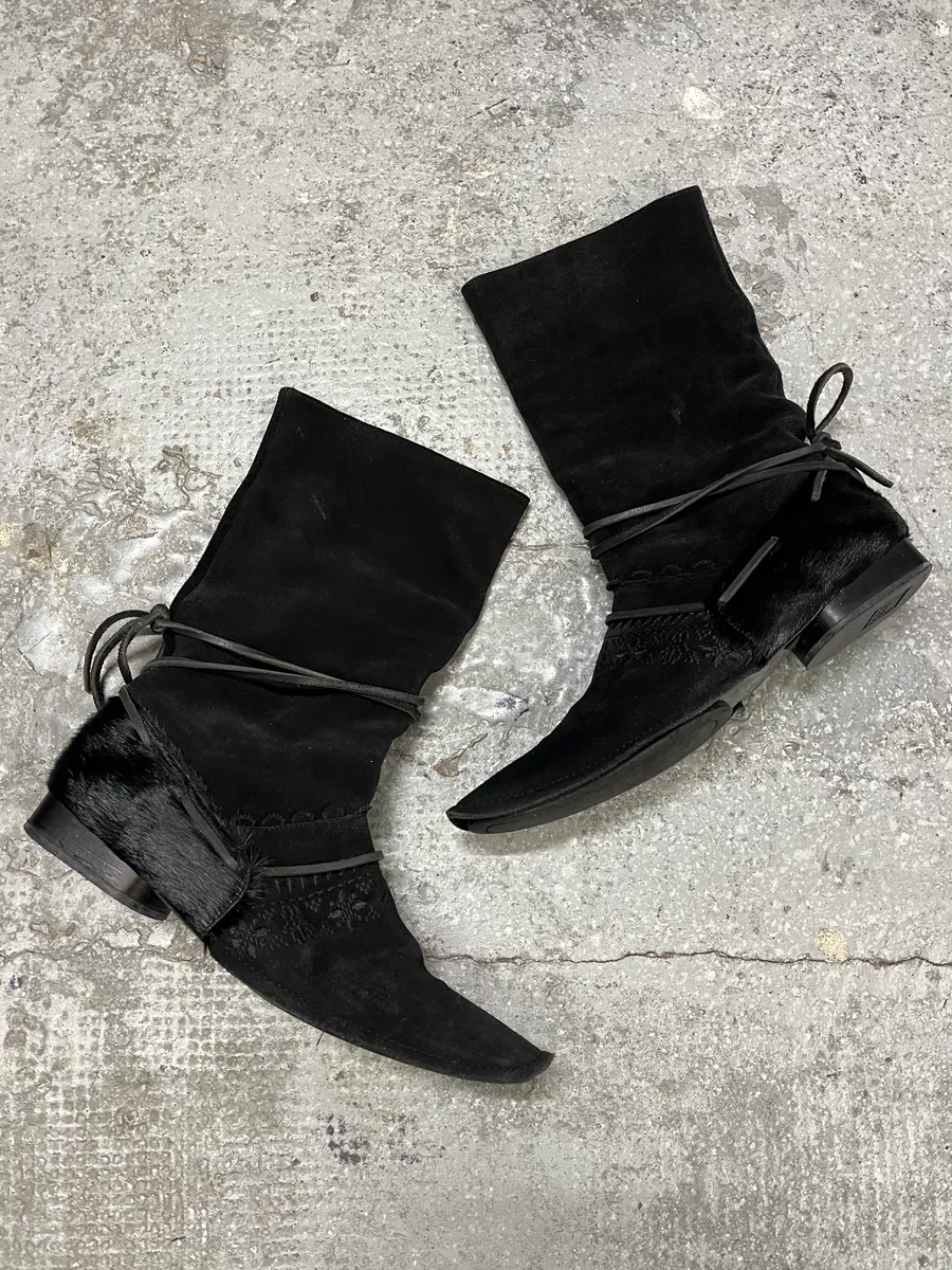 Marithé + François Girbaud Black Ankle Suede Leather Pony Hair Boots