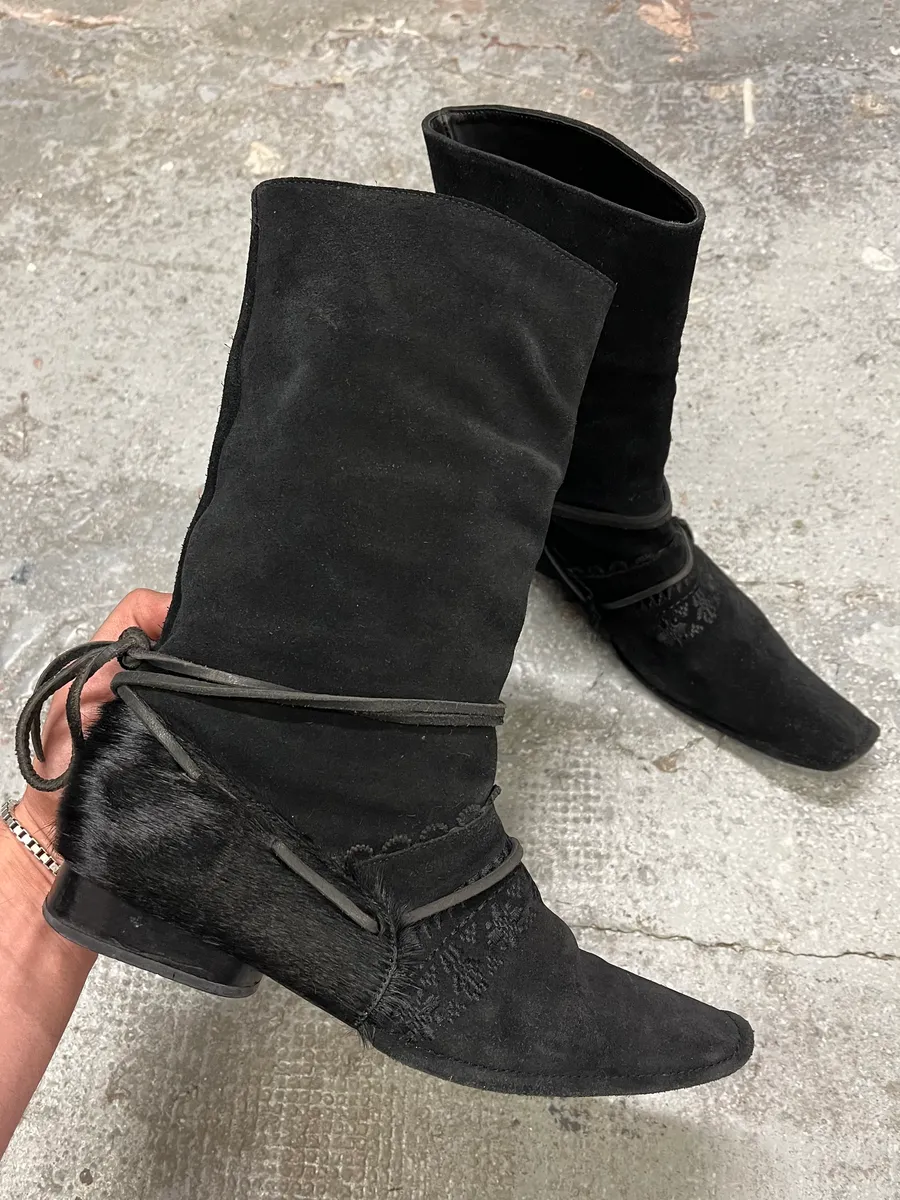 Marithé + François Girbaud Black Ankle Suede Leather Pony Hair Boots - Image 8