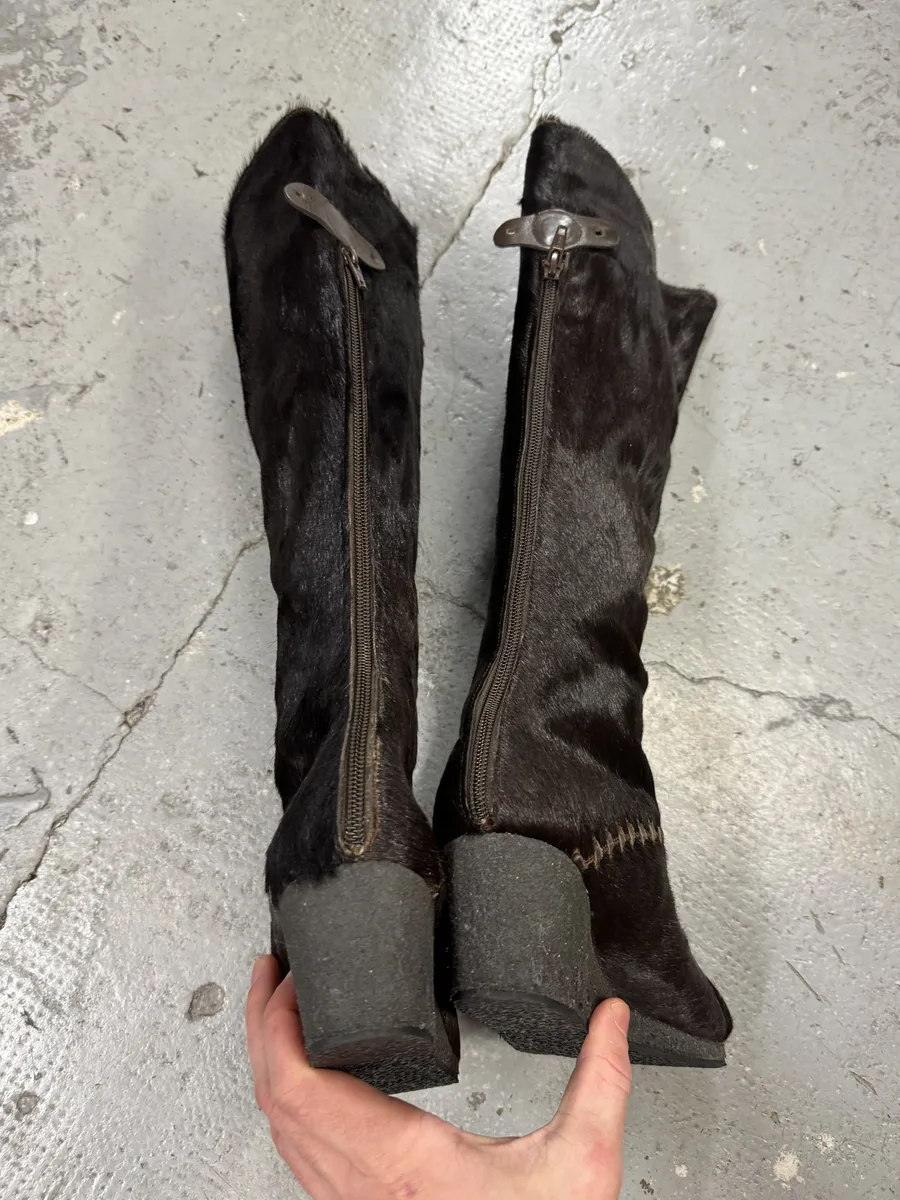 Marithé + François Girbaud Brown Contemporary Leather Pony Hair Leather Artisanal Heels Boots - Image 5
