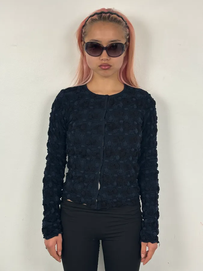 Marithé + François Girbaud Navy Textured Flowers Cardigan - Image 2