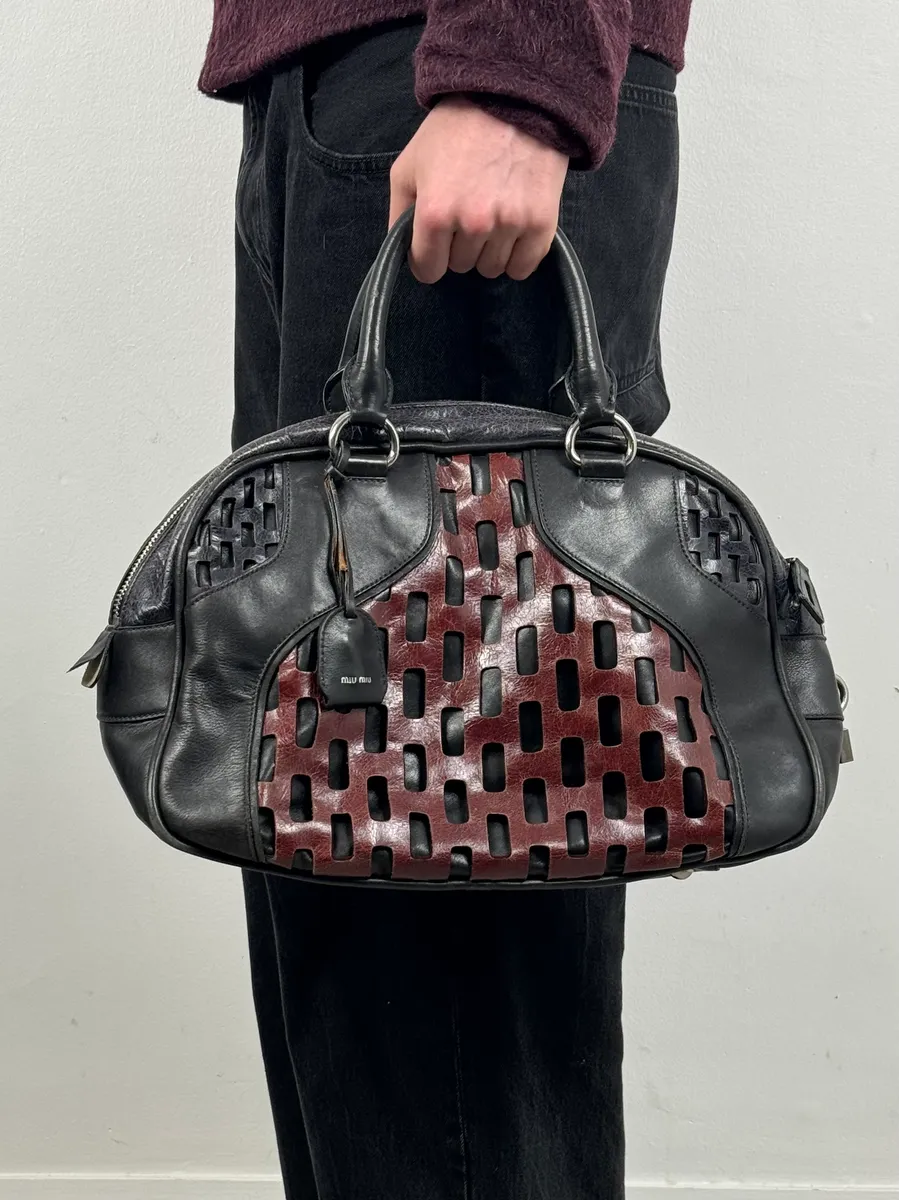Miu Miu Black Burgundy Leather Bowling Bag - Image 2