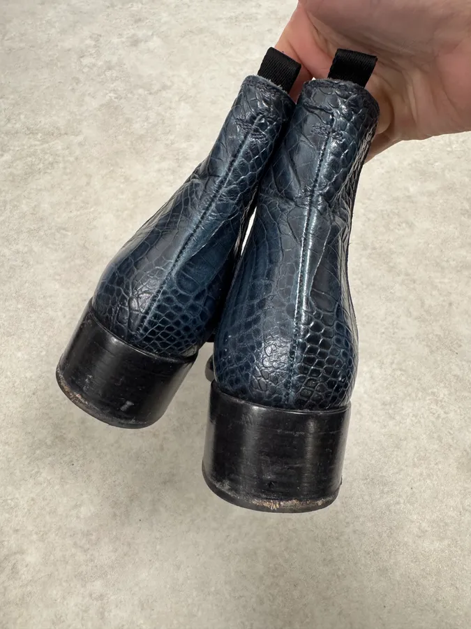 Miu Miu Dark Navy Crocodile Embossed Leather Chelsea Boot Brogue - Image 4