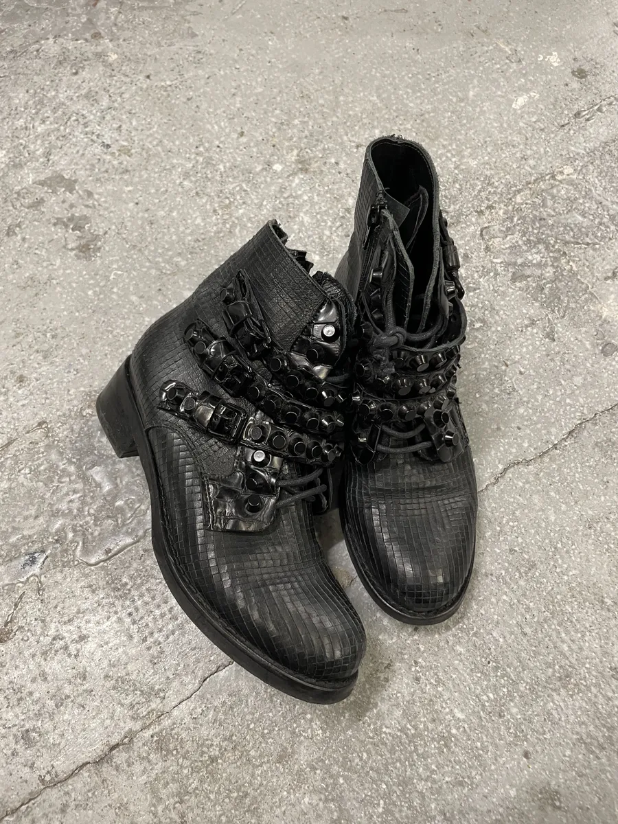 MiuMiu Black Embellished Straps Leather Boots - Image 2