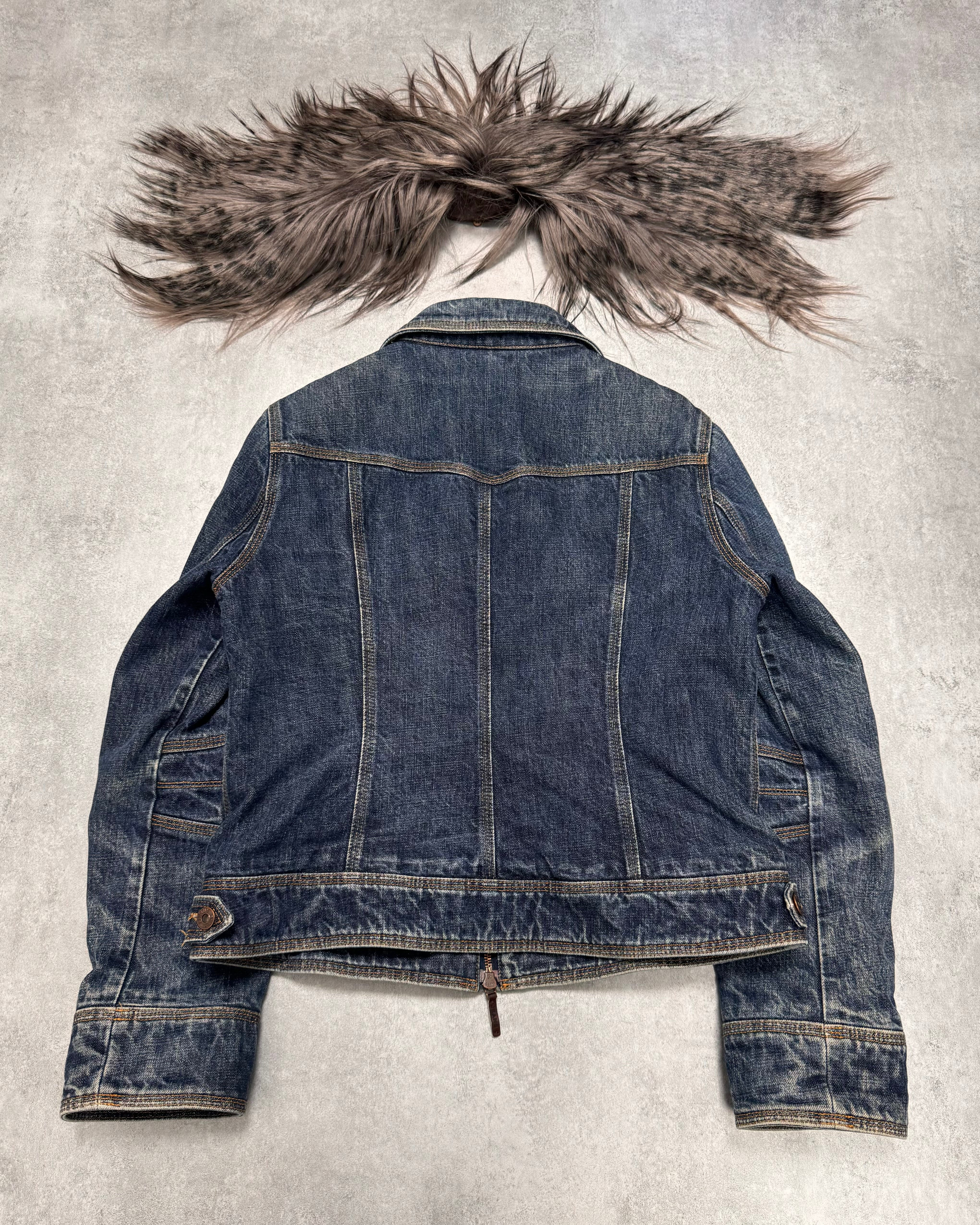 Moschino Astro Fur Biker Faded Denim Jacket (XS/S) - Image 3