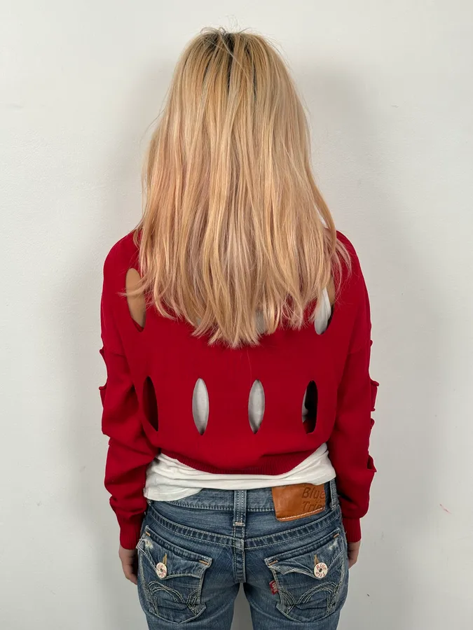 Moschino Love Desctructured Cut Through Red Cardigan - Image 2