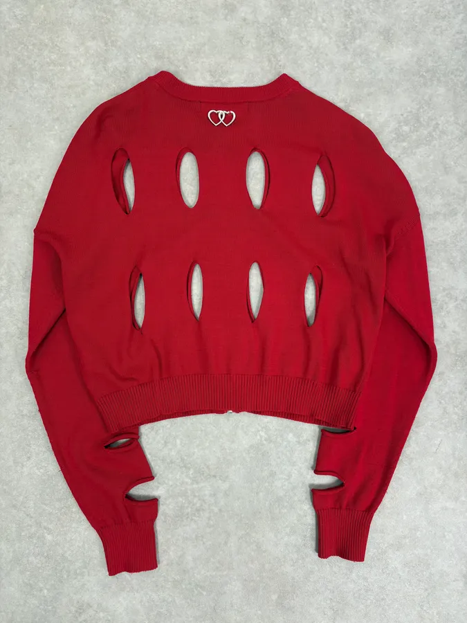 Moschino Love Desctructured Cut Through Red Cardigan - Image 6