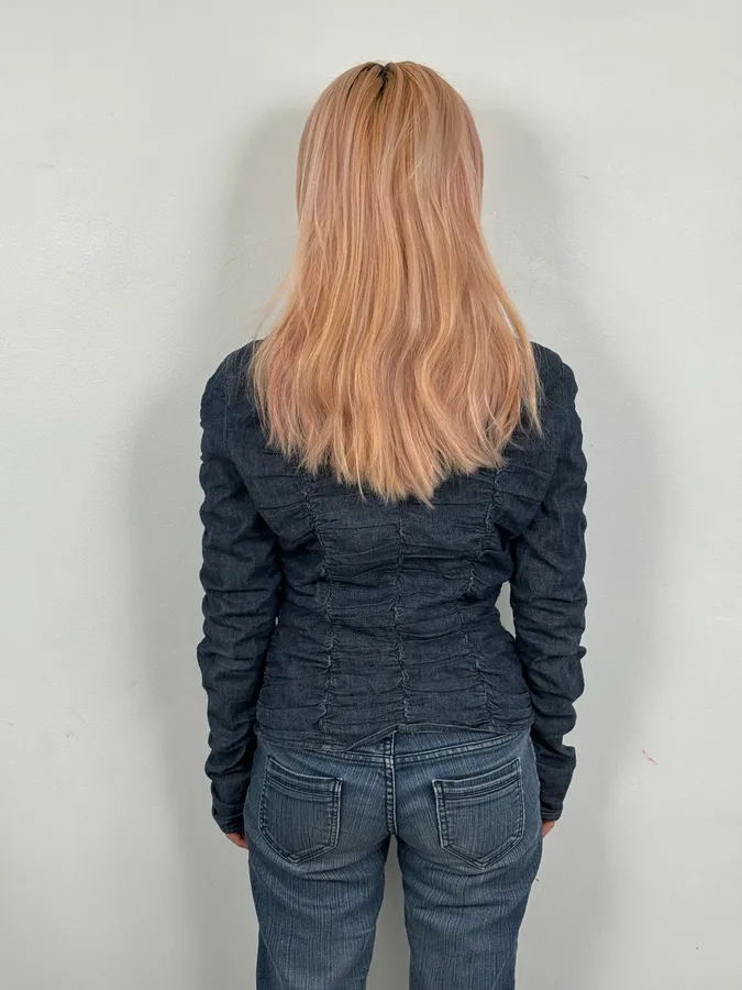 Moschino Navy Gathered Denim Zip-Up Jacket - Image 3