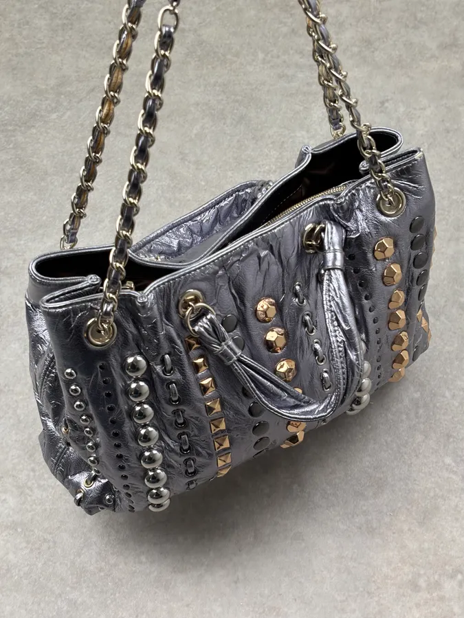 Moschino Silver Leather Studded Handle Bag - Image 2