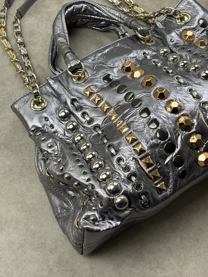 Moschino Silver Leather Studded Handle Bag - Image 8