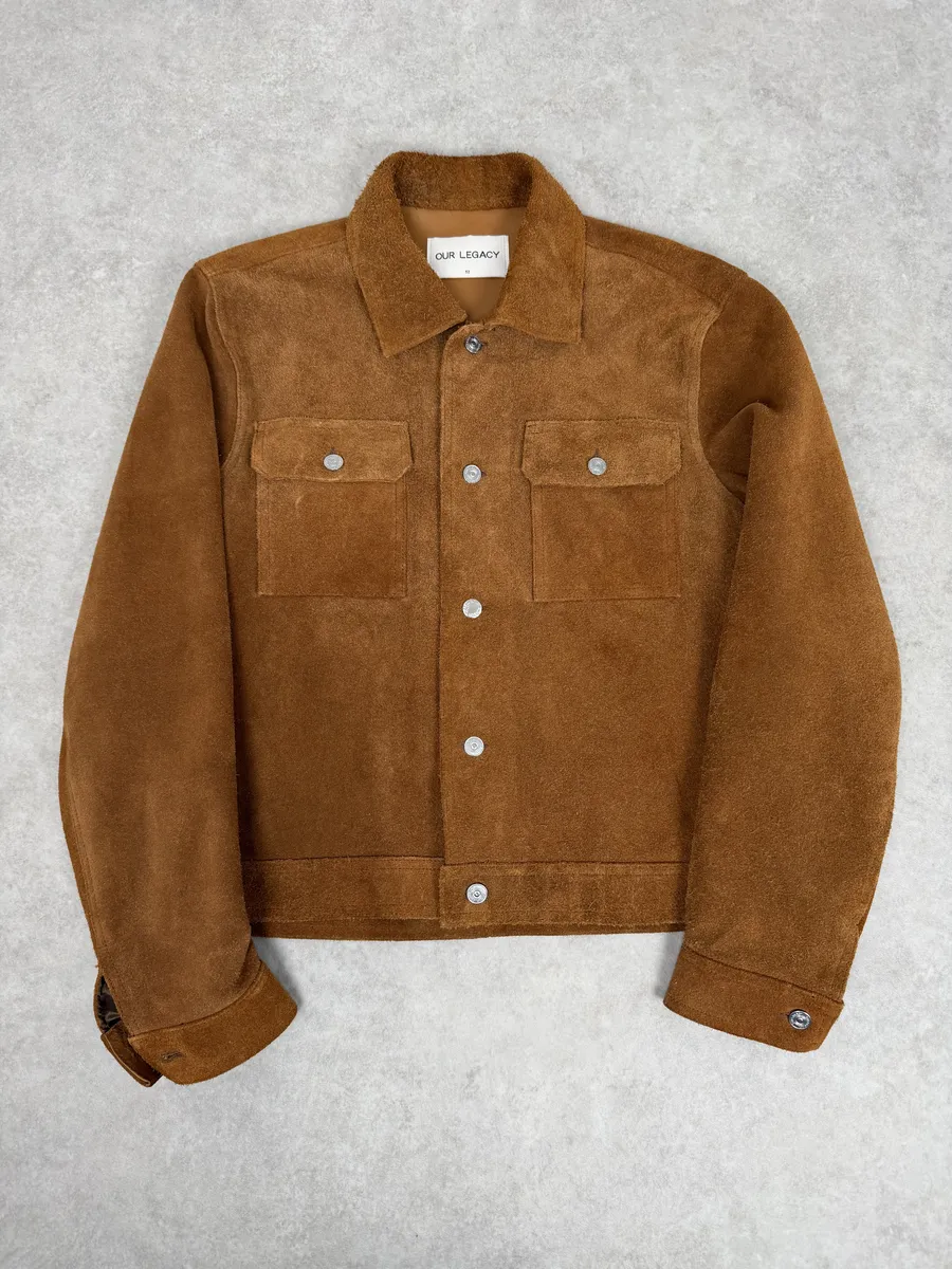Our Legacy Brown Heavy Suede Leather Buttoned Jacket - Image 3