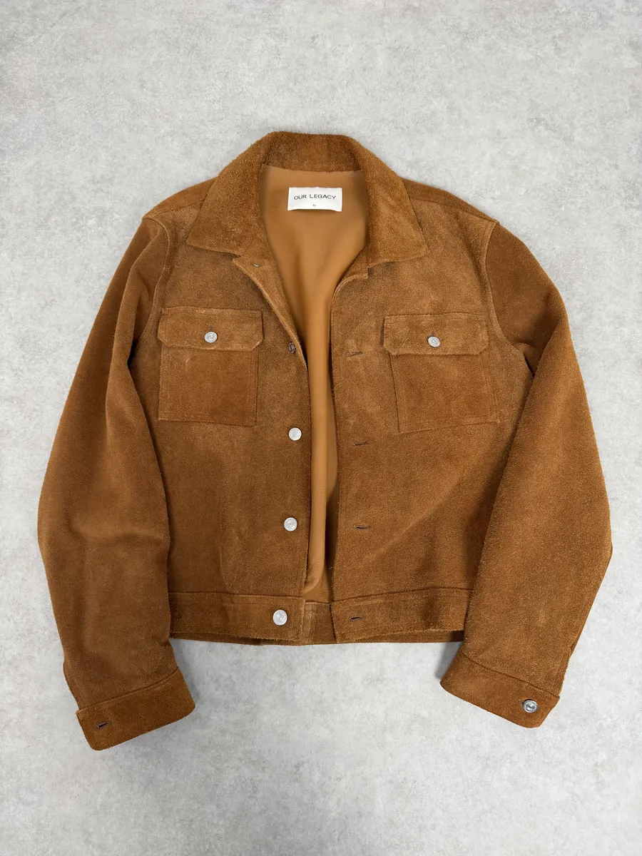 Our Legacy Brown Heavy Suede Leather Buttoned Jacket - Image 5