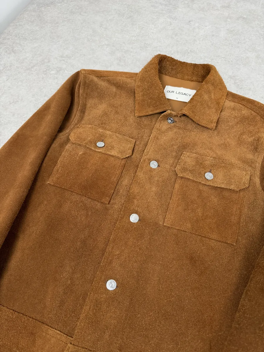 Our Legacy Brown Heavy Suede Leather Buttoned Jacket - Image 7