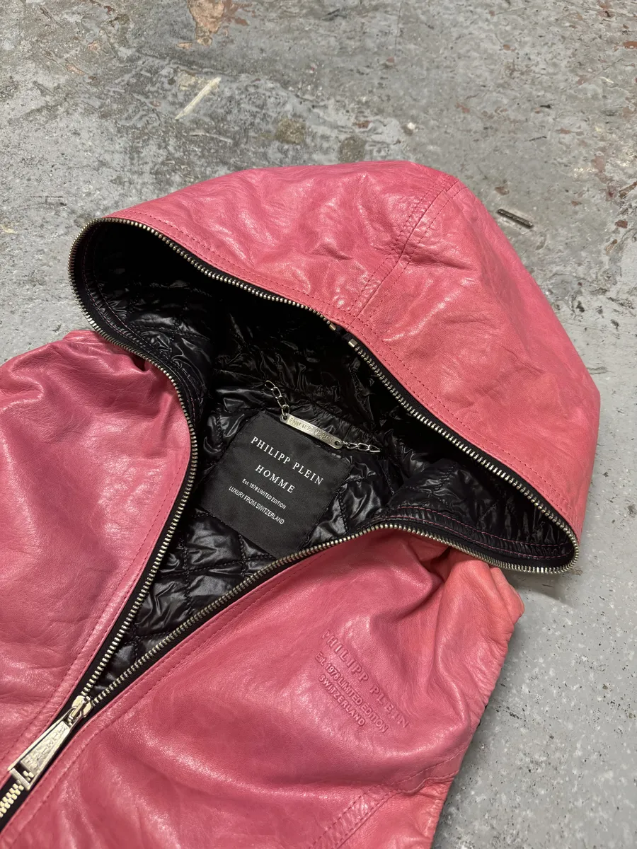 Philipp Plein Limited Deadskull Sleeveless Hooded Red Leather Jacket - Image 11