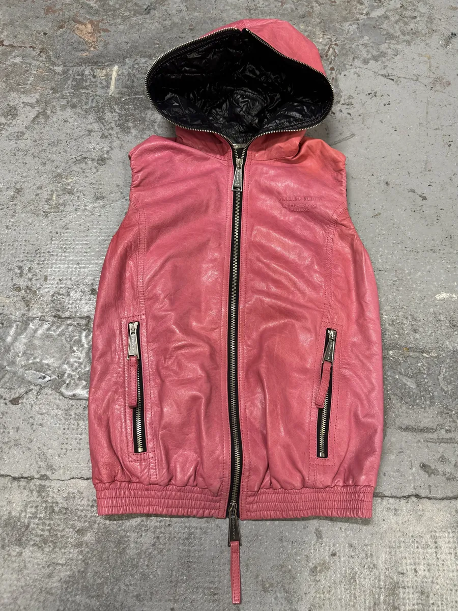 Philipp Plein Limited Deadskull Sleeveless Hooded Red Leather Jacket - Image 2