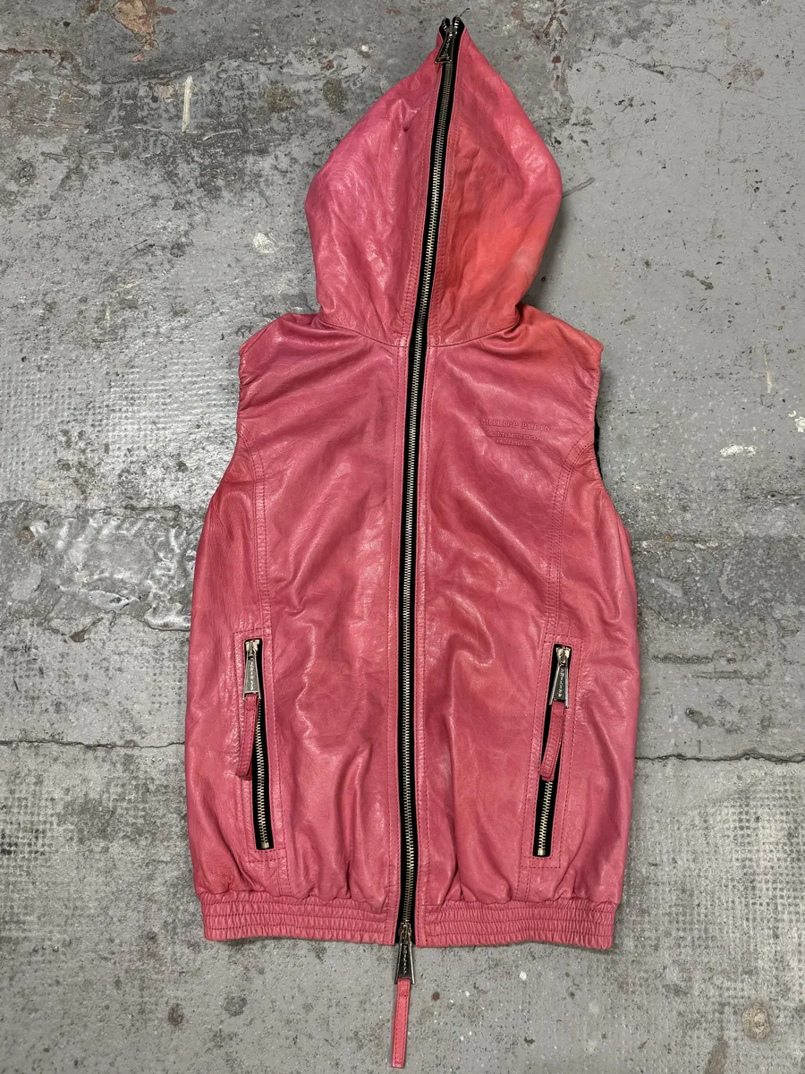 Philipp Plein Limited Deadskull Sleeveless Hooded Red Leather Jacket - Image 5