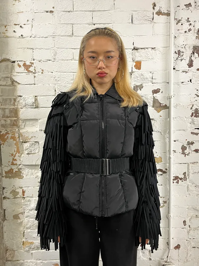 Pierre Balmain Black Puffer Fringe Arms Jacket - Image 2
