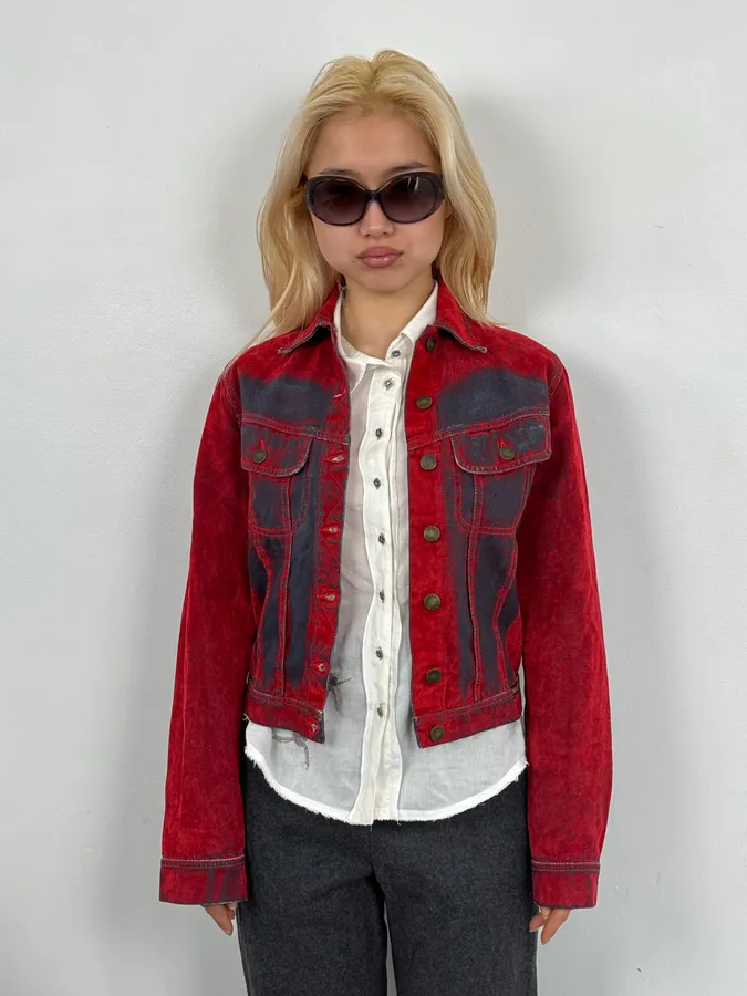 Plein Sud Red & Blue Gradient Velvet Denim Trucker Jacket - Image 2