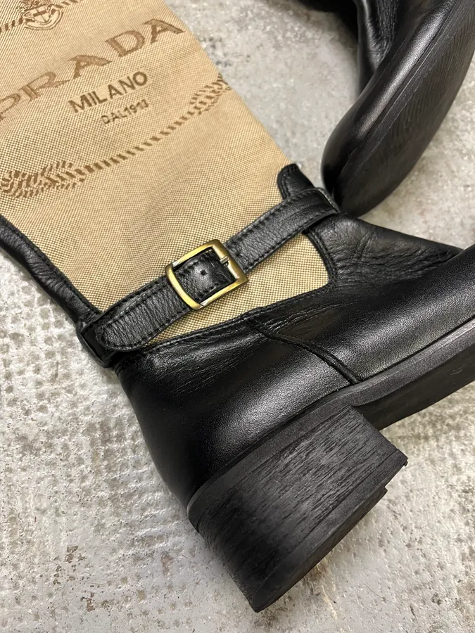 Prada Beige Linen Black Leather Boots - Image 4