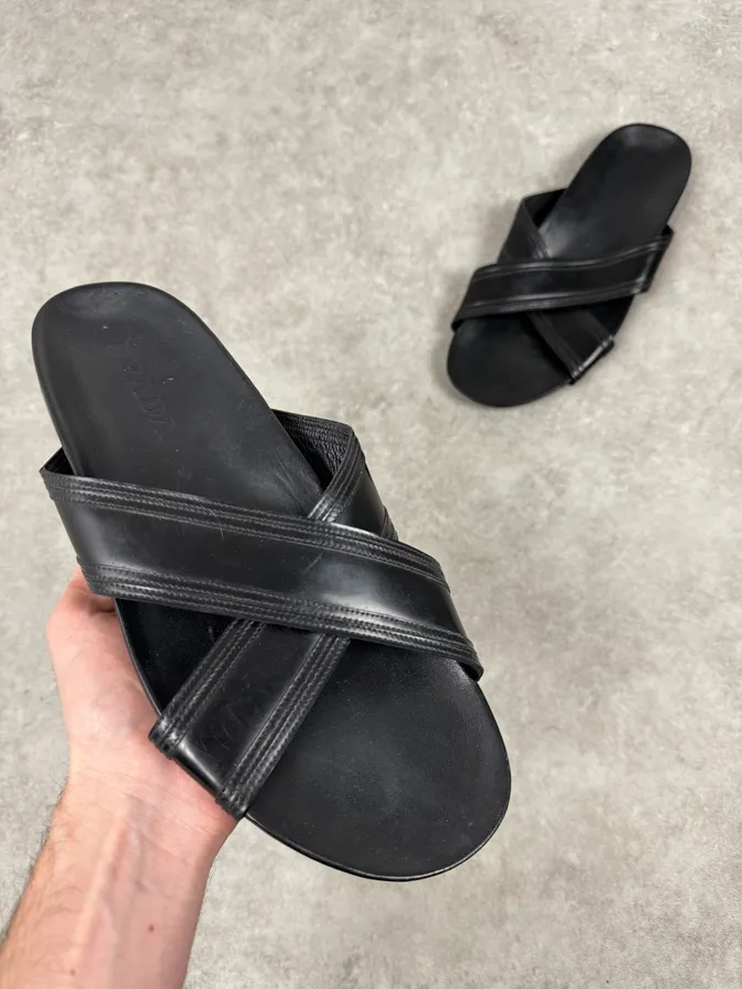 Prada Black Cross Leather Band Sandals - Image 2