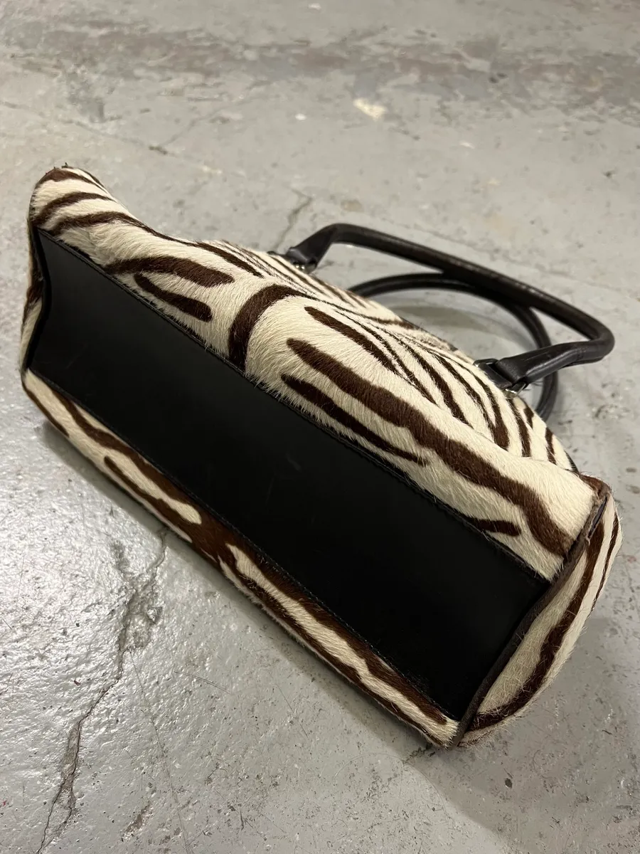 Prada Brown & White Zebra Effect Bowling Calf Handle Leather Bag - Image 10