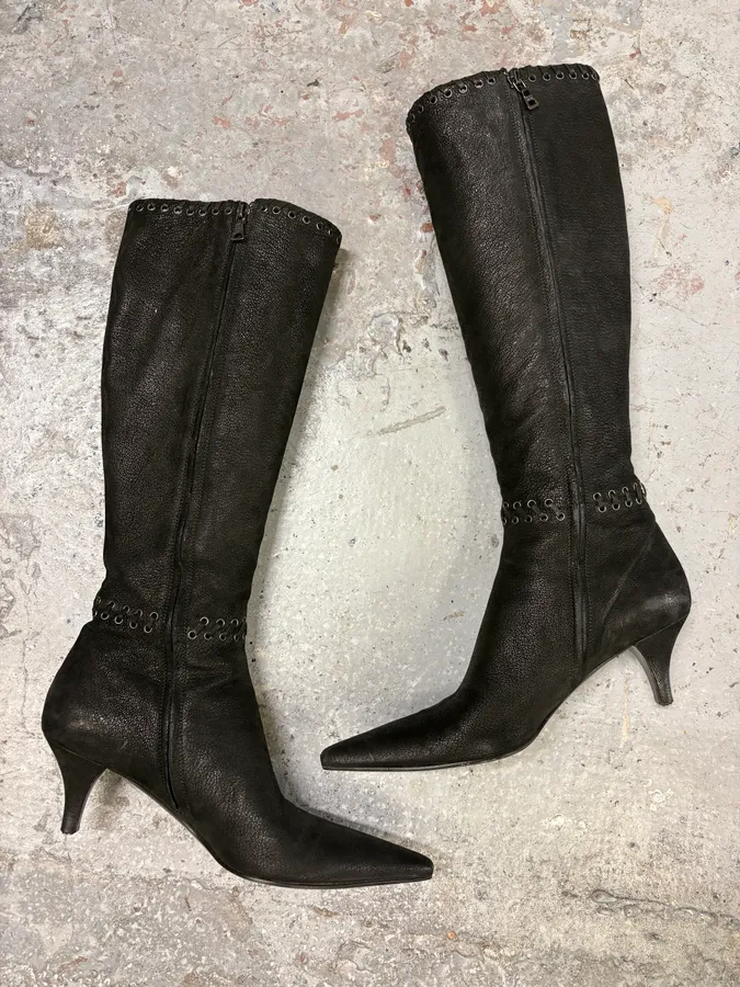 Prada Laced Raw Black Leather Heels - Image 2