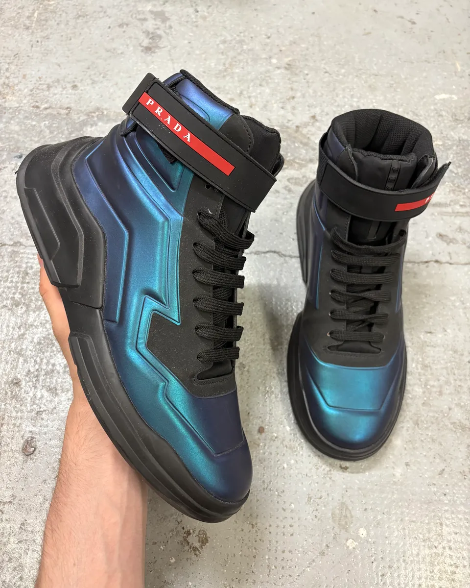 Prada Polarius Futuristic Black Iridescent High Top Sneakers