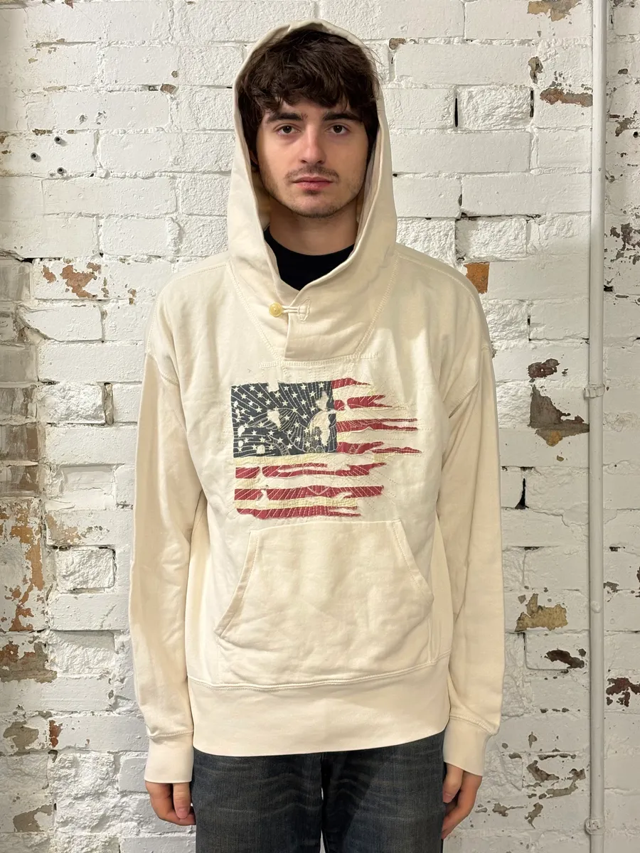 Ralph Lauren Denim & Supply Destroyed USA Flag Cream Hoodie - Image 2