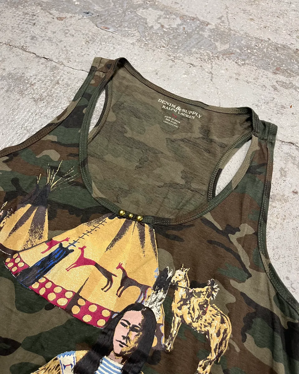 Ralph Lauren Khaki Camouflage Native American Graphic Racerback Tank Top - Image 5