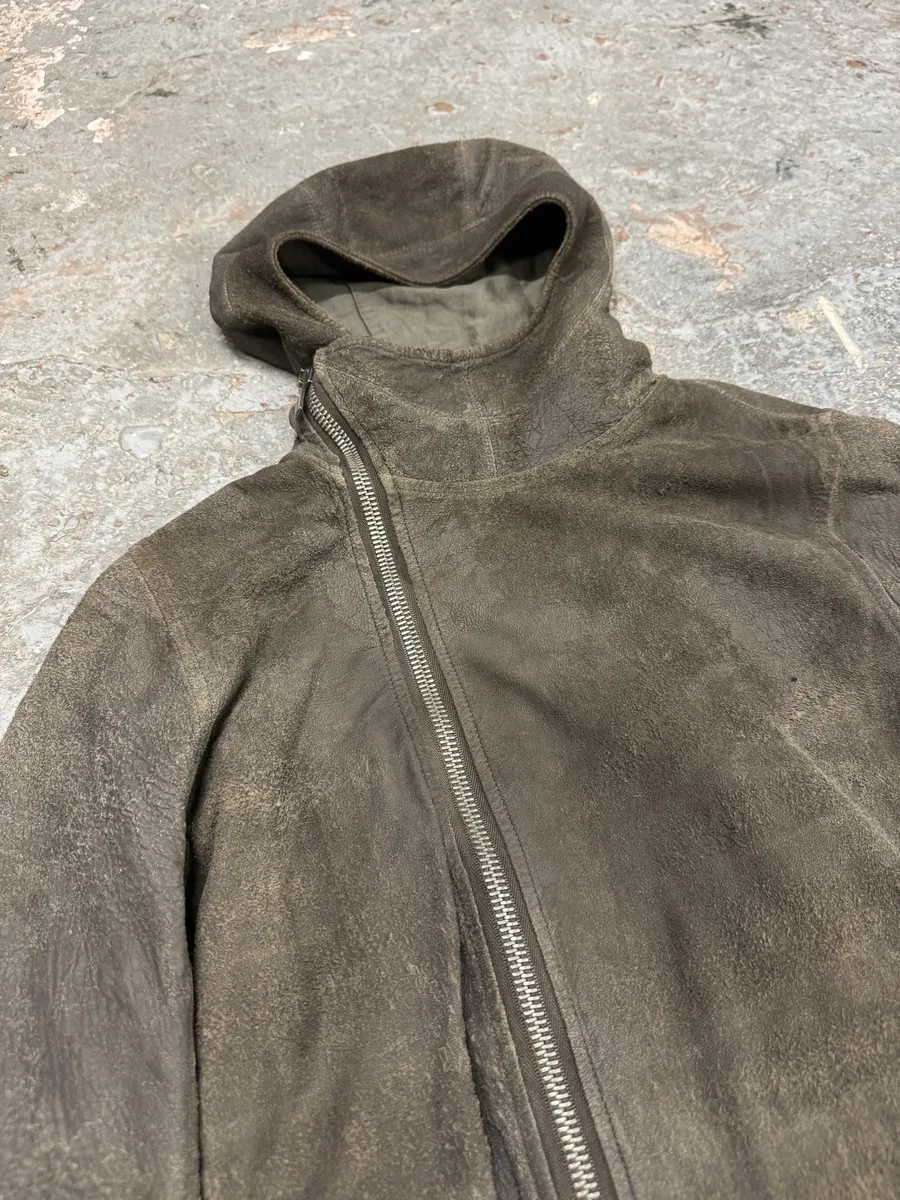 Rick Owens Asymmetrical Eroded Raw Hooded Lamb Leather Jacket - Image 11