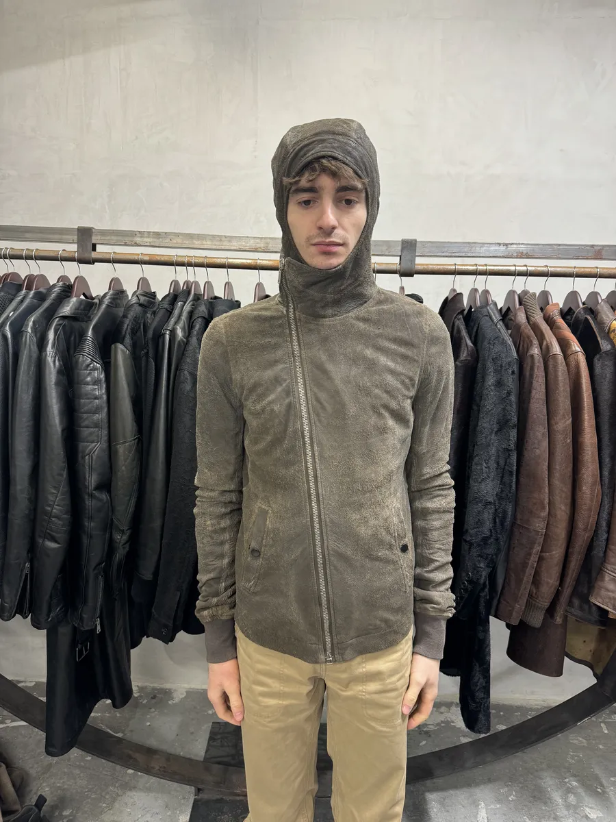 Rick Owens Asymmetrical Eroded Raw Hooded Lamb Leather Jacket - Image 4