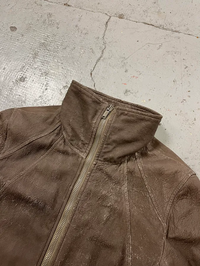 Rick Owens Distressed Taupe Leather Biker Jacket - Image 5