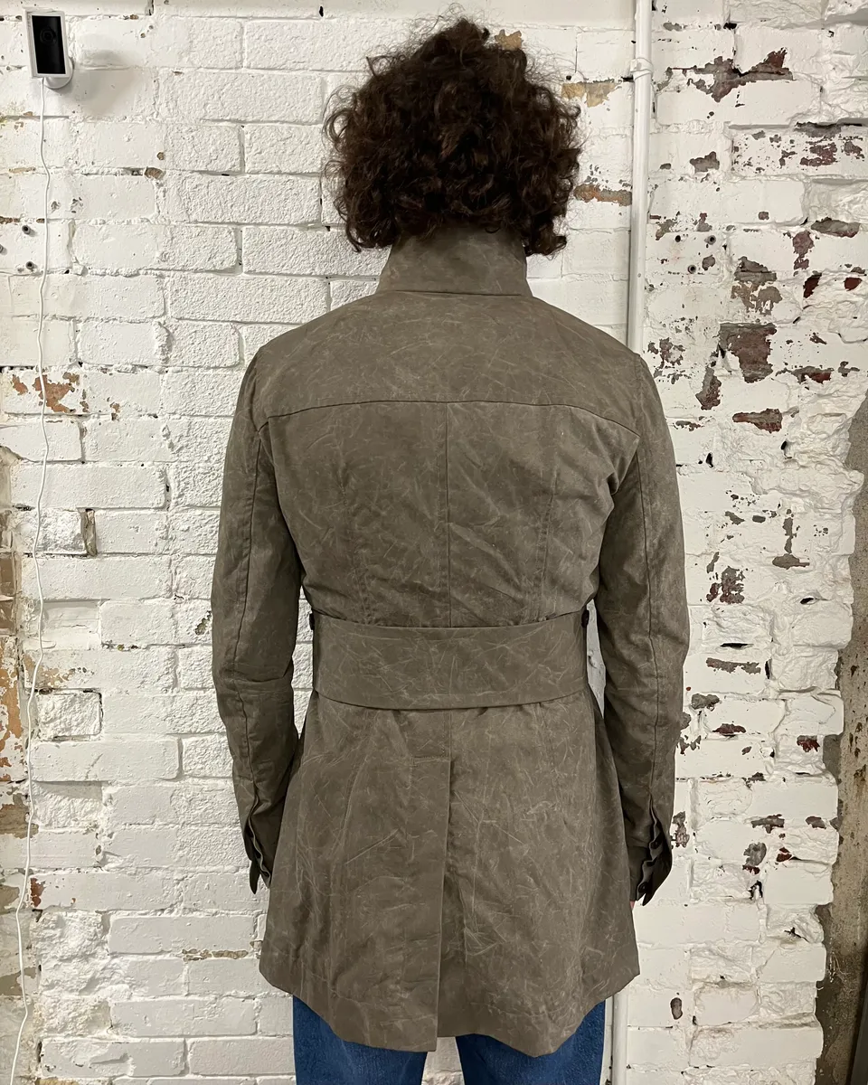 Rick Owens Grey Waxed Belted Long Coat - Image 3