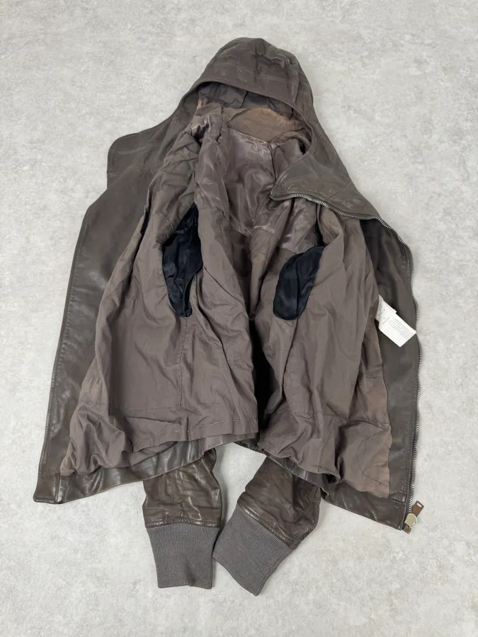 Rick Owens Scuba Asymmetrical Brown Leather Hooded Jacket - Image 12