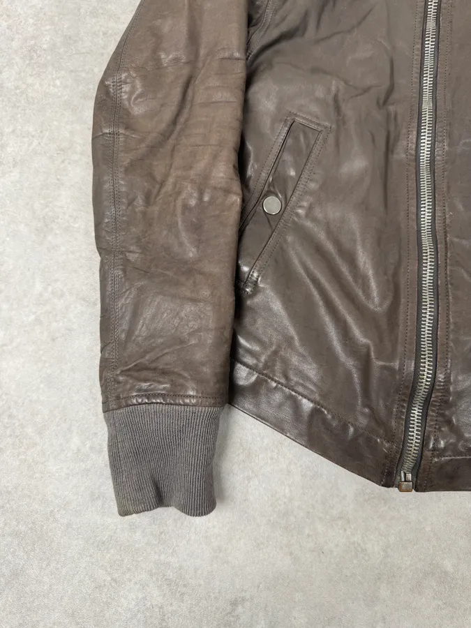Rick Owens Scuba Asymmetrical Brown Leather Hooded Jacket - Image 6