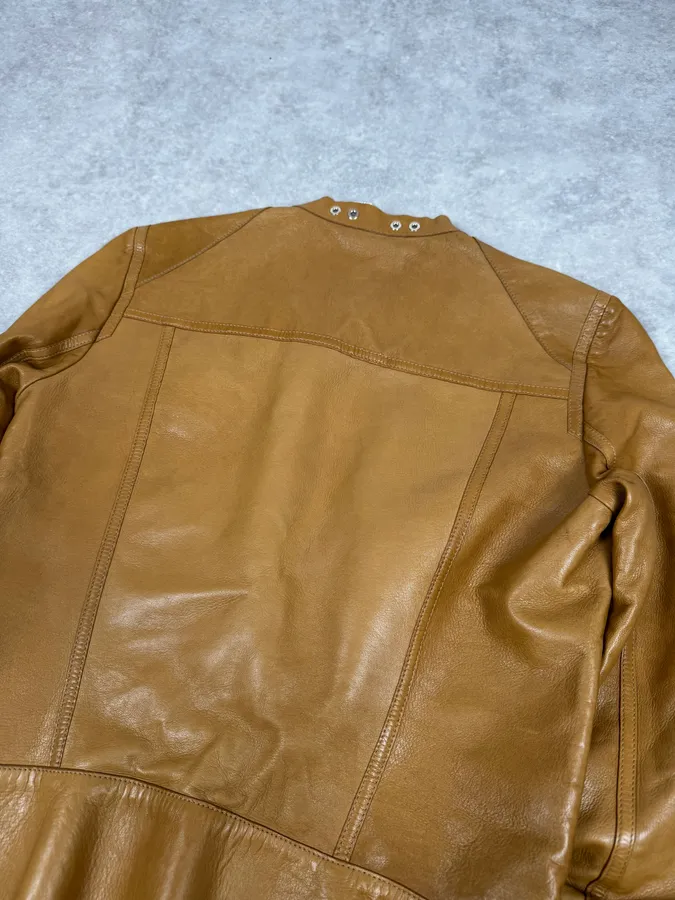 Roberto Cavalli Asymmetrical Eyled Leather Mustard Beige Jacket - Image 6