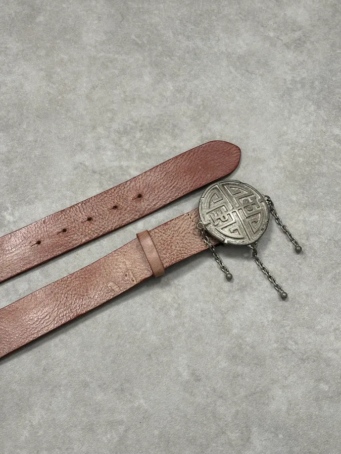 Roberto Cavalli Beige Leather Wide Belt with Ornate Metal Buckle - Image 6