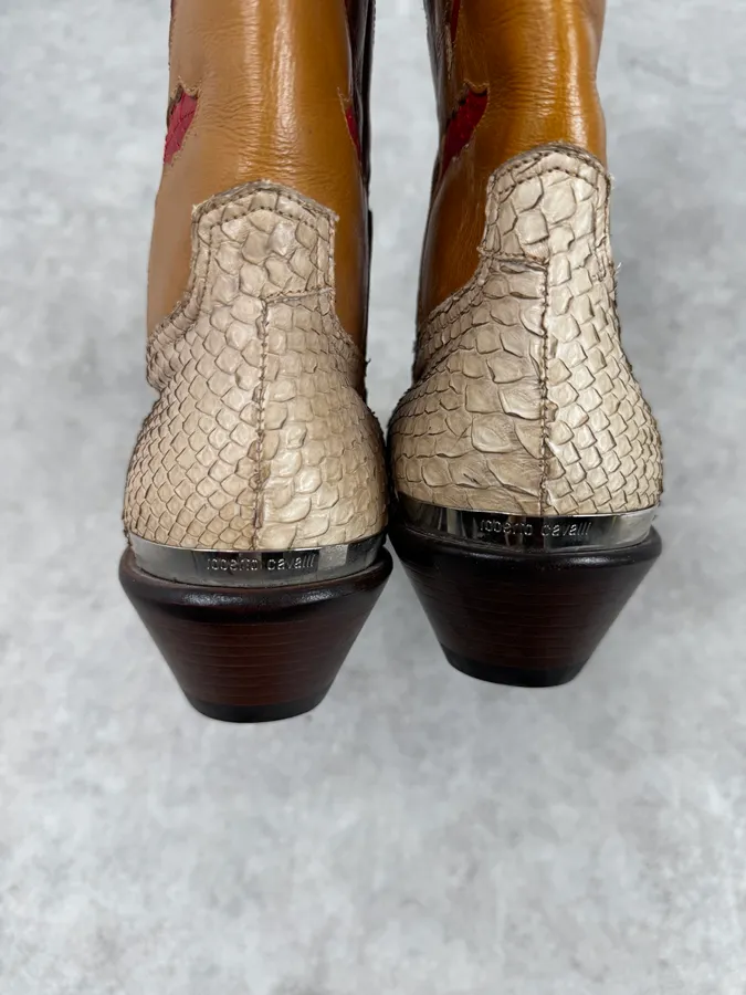 Roberto Cavalli Beige & Orange Python Embroidered Western Boots - Image 8