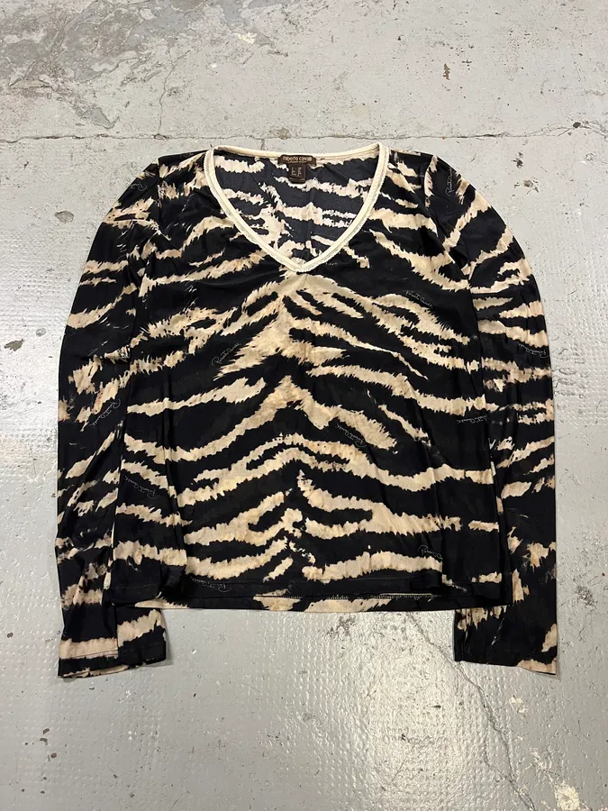Roberto Cavalli Black & Beige Zebra Savage V Neck Longsleeves