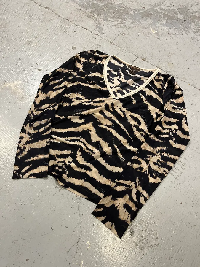 Roberto Cavalli Black & Beige Zebra Savage V Neck Longsleeves - Image 2