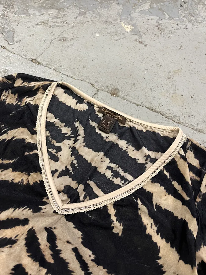 Roberto Cavalli Black & Beige Zebra Savage V Neck Longsleeves - Image 3