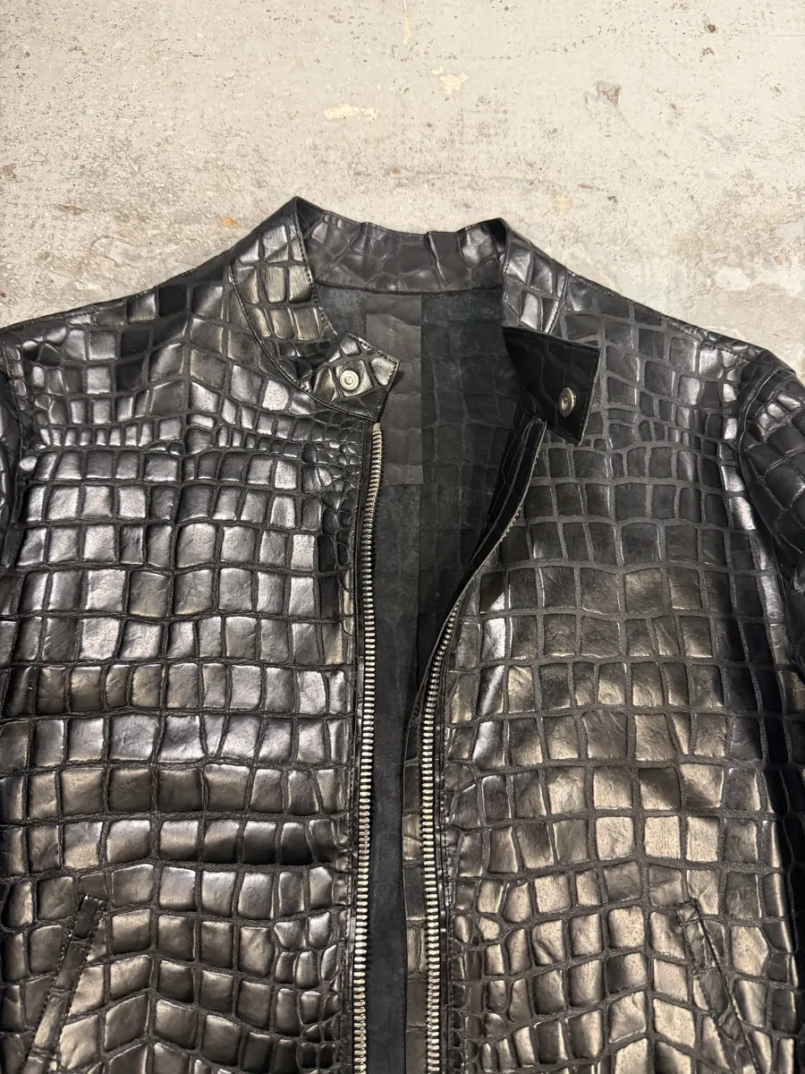 Roberto Cavalli Black Crocodile Embossed Leather Biker Jacket - Image 15