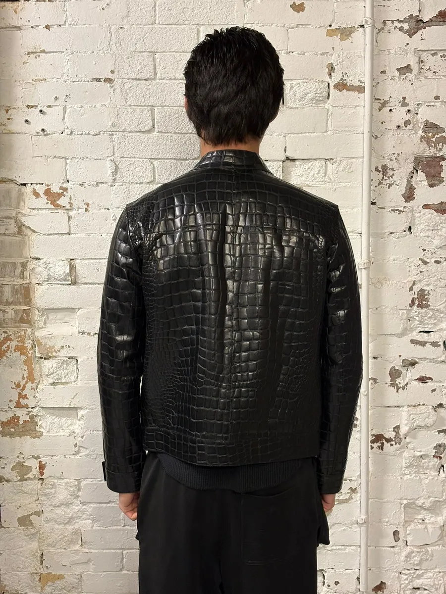 Roberto Cavalli Black Crocodile Embossed Leather Biker Jacket - Image 5