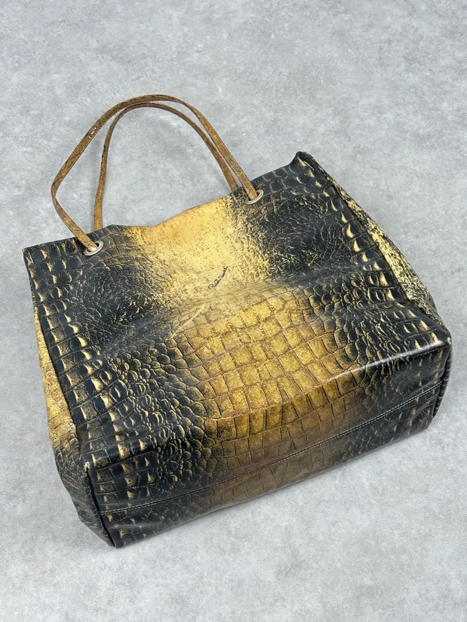 Roberto Cavalli Black Leather Crocodile Embossed Tote Bag - Image 4