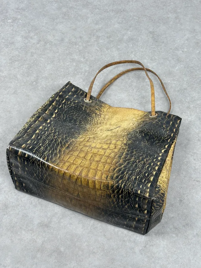 Roberto Cavalli Black Leather Crocodile Embossed Tote Bag - Image 9