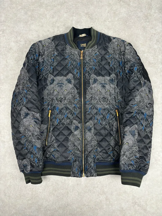 Roberto Cavalli Black Nylon Wolf Embroidered Quilted Bomber Jacket