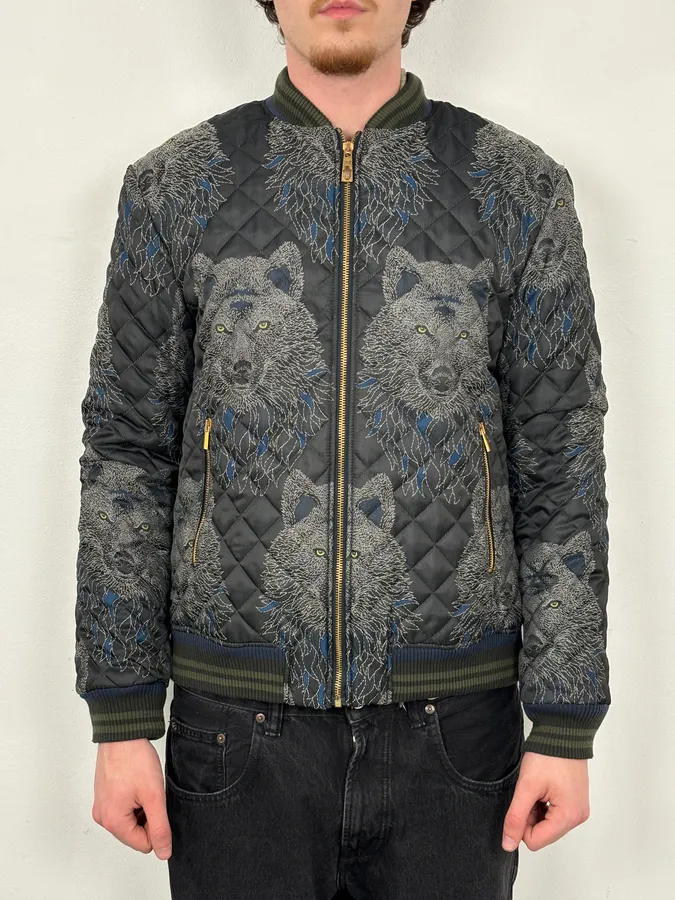 Roberto Cavalli Black Nylon Wolf Embroidered Quilted Bomber Jacket - Image 2