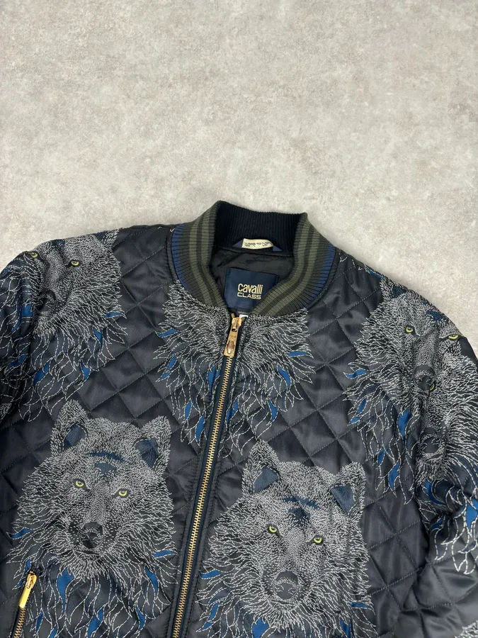 Roberto Cavalli Black Nylon Wolf Embroidered Quilted Bomber Jacket - Image 4